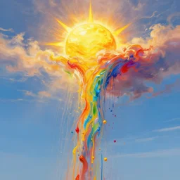 the sun leaking paint into the sky, turning into colorful rain, beautiful painting, realistic drip