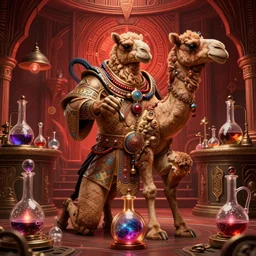 Anthropomorphized Camel Alchemist mixing magical potions in a fantasy laboratory, menacing pose, concept art, insanely detailed and intricate, hypermaximalist, elegant, ornate, hyper realistic, super detailed, tribal red atmosphere, Art Deco, cinematic, trending on artstation, magic the gathering artwork