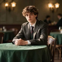A young man in a suit sits at a table on a martial green flannel, bokeh, cinestill