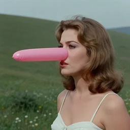 glamorous woman with an inflatable nose, long snout, in the hillside, 1974 arthouse film, archival footage, technicolor film