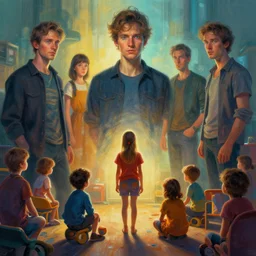 concept art, artist in kindegarden, cinematic colors, realistic shaded lighting poster by ilya kuvshinov, magali villeneuve, artgerm, jeremy lipkin and michael garmash and rob rey