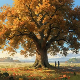 A landscape with a giant oak tree in the fall morning, Low level, rendered by Beeple, Makoto Shinkai, syd meade, simon stålenhag, environment concept, synthwave style, digital art, unreal engine, WLOP, trending on artstation, 4K UHD image, octane render,