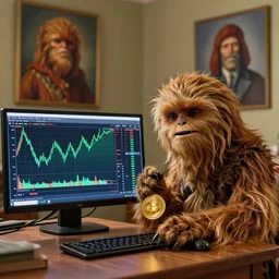 wookiee at home trading crypto. the charts are at all time highs, gains, green charts, painting by rene magritte, grant wood and frank frazetta, 3 d rendering by beeple, wlop