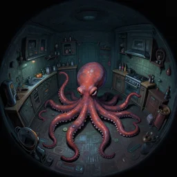 [ [ [ doctor strange ] ] ], dark palette cyberpunk, fisheye spiral lines, naive, extra narrow, ( ( ( detailed illustration of a kitchen ) ) ), large floor, octopus shaped by rhads from lorax movie, trending artstation, dark mythic fantasy