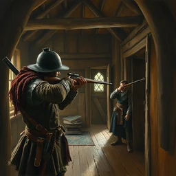 a painting of a medieval hunter aiming at a man with his rifle in a room interior made of wood by greg rutkowski, dark fantasy art, high detail, trending on artstation