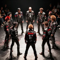 punk rock hardcore mohawks spikes leather jackets patches in a circle pit for a fashion show