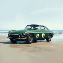 matte painting of a racing green 1 9 7 0 s mgb gt on the beach