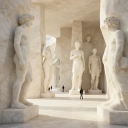the inside of a monument designed by zaha hadid, stone marble sculptures, by tim blandin and arthur haas and bruce pennington and john schoenherr, octane render, warm colour scheme, white, cinematic, scenery, high detail, high quality, close up angle, people walking