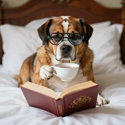 funny real photo of a rich british dog in bed wearing a monocle and drinking tea while reading