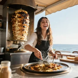 It is morning, and the sun is shining on the Aegean coast in Turkey. The camera is positioned at a low angle, looking up at a stunning kurdish girl as she works in the kitchen of her family's kebab restaurant. She is laughing and singing to herself as she cooks