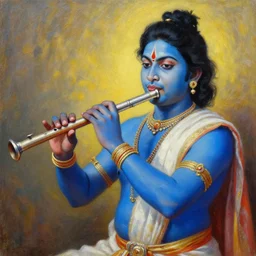 a painting of a blue indian man playing a flute, an oil on canvas painting by ram chandra shukla, deviantart, samikshavad, digitally enhanced, beautiful