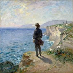 a person standing on a cliff, looking out at the ocean, by gaston bussiere, craig mullins, j. c. leyendecker, claude monet