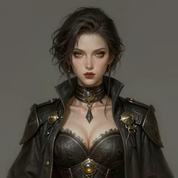 A full portrait of a beautiful post apocalyptic interrogator, intricate, elegant, highly detailed, digital painting, artstation, concept art, smooth, sharp focus, illustration, art by Krenz Cushart and Artem Demura and alphonse mucha