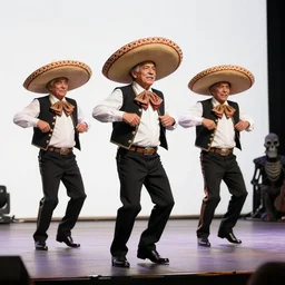 3 grandpas wearing mexican hats and twerking on a stage near the grim ripper, realistic faces, photorealistic