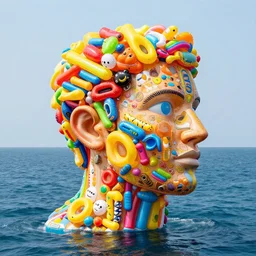 a long shot of a giant award winning sculpture made out of a lot of inflatable pool toys in the shape of a human head, on the surface of the ocean, in the style of chad knight, hyper detailed, hyper realistic, ray tracing, 8 k resolution, sharp focus, realistic water