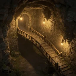 an ancient dungeon interior tunnel with stone walls, gentle ambient lighting, bridges and railings, trending on artstation, isometric, fantasy