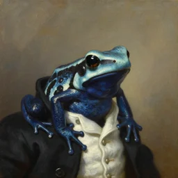a head - and - shoulders portrait of an amazon milk frog wearing a black coat with a white vest looking off camera, an american romanticism painting, oil on canvas, cgsociety, soft focus