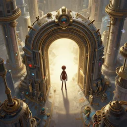 a stickman figure, bird's eye view, portal to a futuristic steampunk world, extremely detailed, sharp focus, wide view, full body shot, smooth, digital illustration, by, james jean, by rossdraws, frank franzzeta, sakimichan, mcbess, aphonse mucha