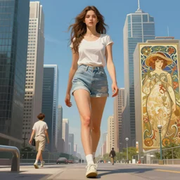 beautiful giant girl walking among skyscrapers, highly detailed, digital painting, artstation, sharp focus, illustration, art by tan zi and ayanamikodon and alphonse mucha and wlop