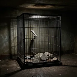 markiplier in a small cage, dark lighting, dilapidated basement