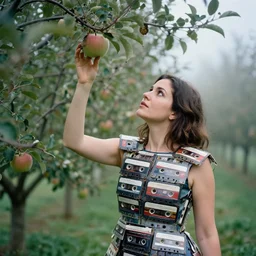 a closeup portrait of a woman wearing dress made of old cassette tapes, picking apples from a tree in an orchard, foggy, moody, photograph, by vincent desiderio, canon eos c 3 0 0, ƒ 1. 8, 3 5 mm, 8 k, medium - format print