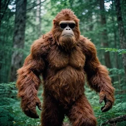 a 35mm photo of Bigfoot in a forest wearing sunglasses, found footage