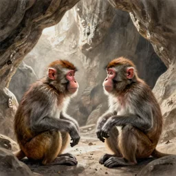 two macaques looking at each other inside ancient cave, digital art, soft shadows, creepy art, drawn by shadman