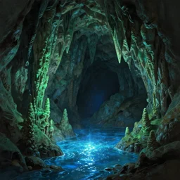 a gloomy cave with sparkling blue water and emerald stalactites, concept art, trending on artstation, wlop, ross draws, digital painting, mixed media, intricate details, volumetric lighting