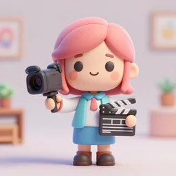 cute, female director, collectable toy, the director holds a clapperboard and video camera, made in pastel 3 d by jon burgerman and pixar, artstation 4 k
