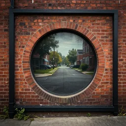 brick wall with a circular door leading into a suburban street. framed, centralized urban fantasy, high detailed digital art trending in artstation. artist greg rutkowski