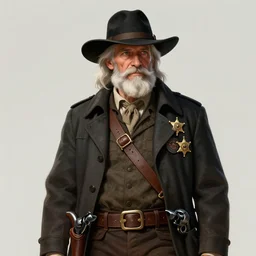 older man with sharp cheeks long white hair and beard, wearing black wide brimmed plantation hat and duster coat, and wearing a belt with two revolvers, and bandolier with multiple sheriff badges pinned, high quality DnD illustration, trending on ArtStation, all rights reserved Wizards of the Coast.