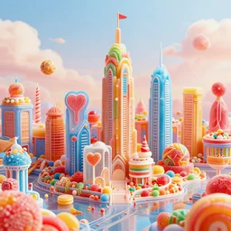 futuristic city made from sweets and candy in a photorealistic style, bright colours