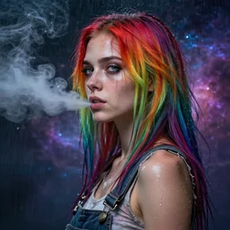 grungy woman with rainbow hair, soft eyes and narrow chin, dainty figure, long hair straight down, torn overalls, nebula background, side boob, blows smoke, wet shirt, wet, raining, highly detailed face, realistic face, beautiful detailed eyes, fantasy art, in the style of greg rutkowski, illustration, epic, fantasy, intricate, hyper detailed, artstation, concept art, smooth, sharp focus, ray tracing, vibrant,
