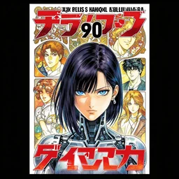 professionally drawn 9 0 s seinen seinen seinen mature cyberpunk horror detective action manga comic cover, full color, beautifully drawn coherent professional, drawn by ilya kuvshinov, satoshi kon, hiromu arakawa, tsutomu nihei, alphonse mucha. japanese script on the cover. cyborg girl in foreground with blue eyes. award - winning manga.