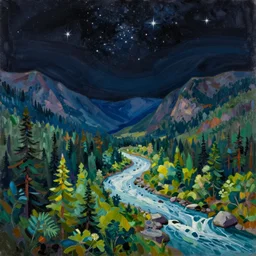 Realist colorful impasto painting of the Salmon River forested mountain valley at midnight by John Harris, stars in the inky black sky reflect on the darkest blue river surface, 4k scan, HDR, Kodak Portra 400, film grain, oil on canvas, visible brushstrokes