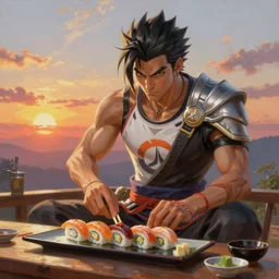 an oil painting of hanzo from overwatch making sushi, ultra realistic, highly detailed, sunset, masterpiece, cinematic by greg rutkowski, frank frazetta, beeple, christian macnevin, beeple, wlop, krenz cushart, epic fantasy character art, volumetric lighting, cgsociety