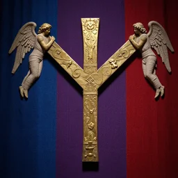 cinematic still of the ark of the covenant, background is curtain of blue, purple and scarlet yarn and finely twisted linen with cherubim woven, Biblical epic movie directed by Steven Spielberg