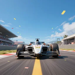 cinematic low wide angle shot worms eye view of a realistic futuristic vehicle racetrack winners with confetti on a sunny day with a clear blue sky angled up, cyberpunk, digital painting, good value control, vibrant colors, rule of thirds, golden ratio, horizon line focus, sharp focus, 8 k, fourze, realistic textures, f zero, speed racer