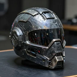 cyberpunk helmet warrior combat helmet placed on table exposed wiring IMG_1413.JPG Cannon photo removed panels Cyberpunk2077 Bladeunner 2049 battle damage metallic edge wear -4