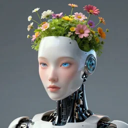 close up portrait of an android with flowers growing out of its head, artstation