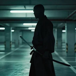 blade runner movie action still of a silhouetted yakuza holding a katana, in an underground parking garage, rack focus, close establishing shot, monochromatic teal, dark teal lighting, soft dramatic lighting, 4 k digital camera