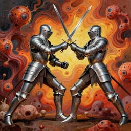two knights in armour fighting each other with swords, fluid, smooth, organic, crazy, bright, colours, tumours, high contrast, sharpness, dramatic, very detailed, intricate, by giger and corben and moebius and beksinski and bosch and bacon