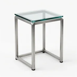 realistic rendering for stool, brutalism style detail, material is steel and glass, in the white backround