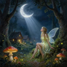 realist painting, high detail, woodland village, in the night, fantasy, crescent moon, luminous, toadstools, fireflies, fantasy, mist, highly detailed painting, fine lines, light rays, attractive woman fairy, 8 k realistic, sharp focus