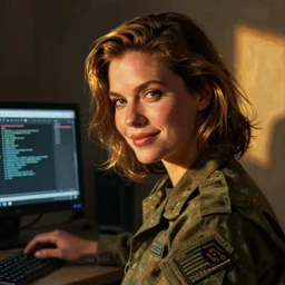 closeup portrait of a kate beckinsale as a software engineer, seductive smile, soldier, army chiaroscuro, computer geek, golden hour, dramatic lighting, complementary contrast, high detail, painted by greg rutkowski, painted by igor kieryluk, trending on artstation