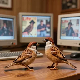 realistic photo of the sparrows made of wood, polished and fancy, standing in the wooden room full of computers. displays are shiny 1 9 9 0, life magazine reportage photo