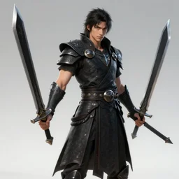 a demigod dual wielding black adamantite swords, 8k, digital art, HD, soft focus, hyper detailed, Unreal engine