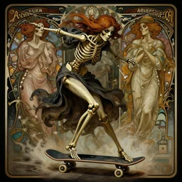 a skeleton woman, riding a skateboard, full body pose, moody vibe historical, intricate, highly detailed, dynamic lighting, digital art, digital painting, artstation, wlop, sharp focus, illustration, art by artgerm and greg rutkowski and alphonse mucha