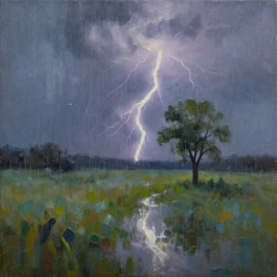 A beautiful abstract oil painting of a rainy landscape; lightning; a lonely tree