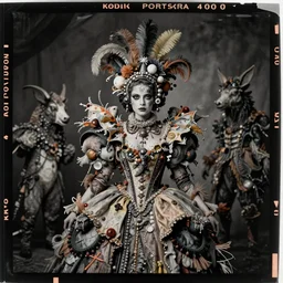 kodak portra 4 0 0, wetplate, photo of a surreal artsy scene, girl, realistic face, weird fashion, grotesque, extravagant dress, carneval, animal, photographed by paolo roversi style
